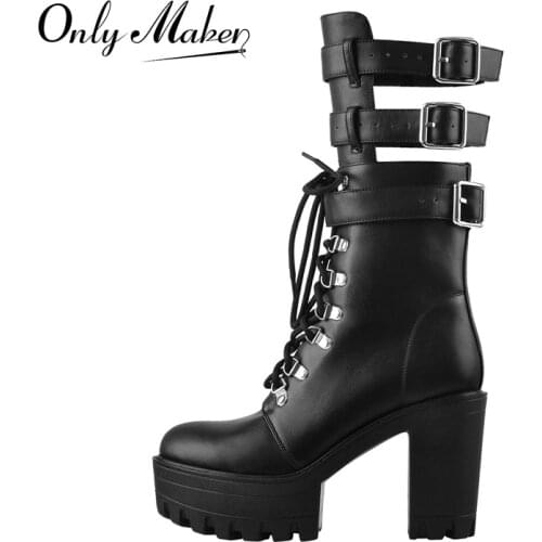 Onlymaker Lace Up Chunky High Heels Booties For Women Hollow Matte Black Patent Leather Platform Ankle Boots Buckles Big Size