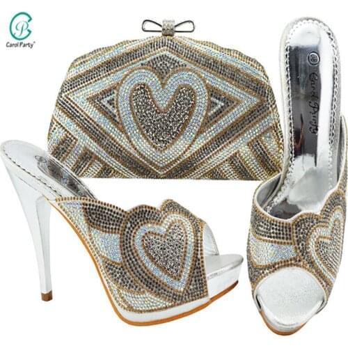 Silver Modern High Heels And Shiny Party Crystal Bags Special Design African Womens Shoes And Bags