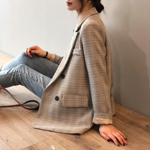 2019 Early Spring Retro Checked Suit Coat Woman Loose Casual Blazer Jacket Female Classic Plaids Tops Outerwear Clothing