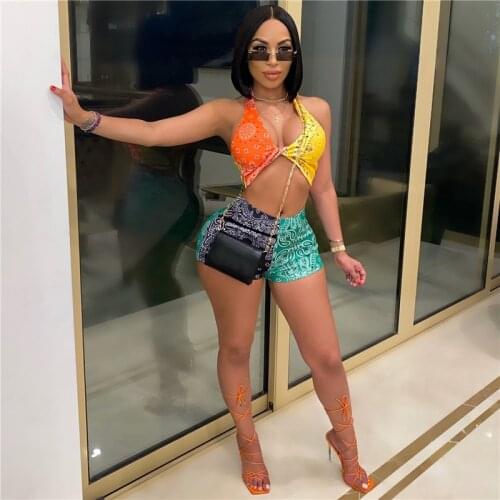 2021 Sexy Print 2 Pieces Womens Set Tracksuits Off Shoulder Halter V-neck Bra Tank Crop Tops High Waist Biker Shorts