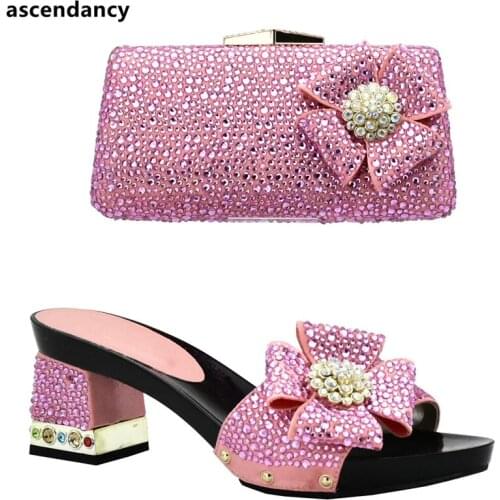 African Women Wedding Shoes and Bag Set Decorated with Rhinestone Sales In Women Matching Shoes and Bag Set Nigerian Shoes Bag
