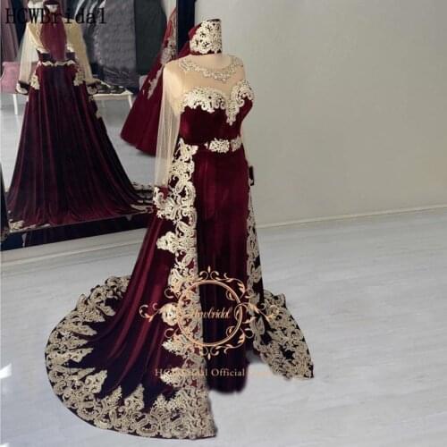 Burgundy Morocco Kaftan Evening Dress Long Sleeve Detachable Velvet Turkey Women Prom Gowns With Lace Formal Party Gowns
