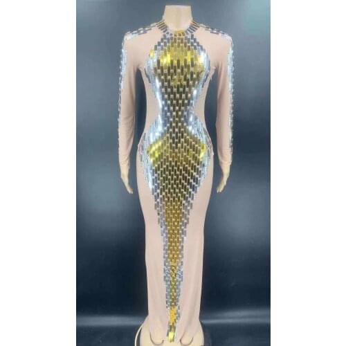Sparkly Silver Gold Sequin Rhinestone Long Dress Evening Transparent Birthday Celebrate Outfit Women Dancer Club Dress