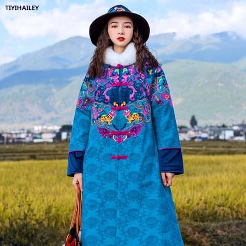 TIYIHAILEY Free Shipping Mid-Calf Winter Women Outerwear Single Breasted S-L Blue Chinese Style Embroidery Coats Faux Fur Collar