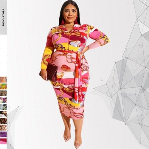 Plus Size Dress 5xl Fashion Turn Down Collar Zipper Long Sleeve Print High Waist Waistband Elegant Dress Wholesale Dropshipping