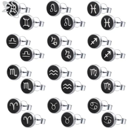 ZS 1 Pair Twelve Constellations Pattern Stud Earrings Unisex Punk Stainless Steel Ear Stud Ear Helix Cartilage Piercings Jewelry