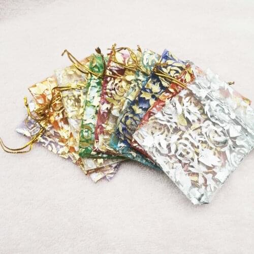 1000pcs/lot 7x9 9x12 11x16 13x18 cm Bronzing Roses Organza Bags Gift Drawstring Bags Jewelry packing Bags Wedding Packaging Bags