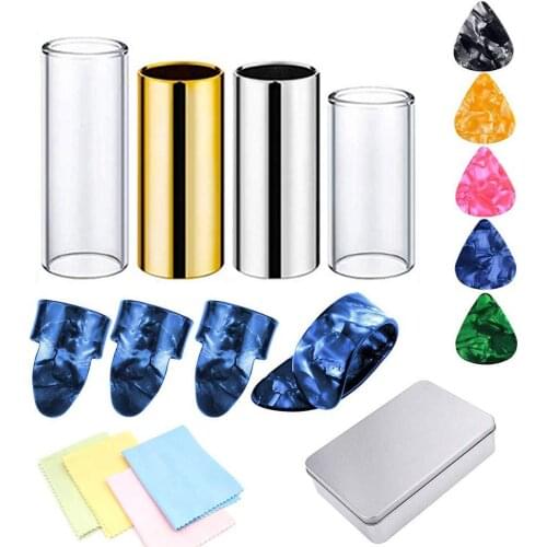 18pcs/Box Guitar Slide Picks Kit Stainless Steel & Glass Slides Thumb Finger Celluloid Pick Cleaning Cloth for Electric Guitars
