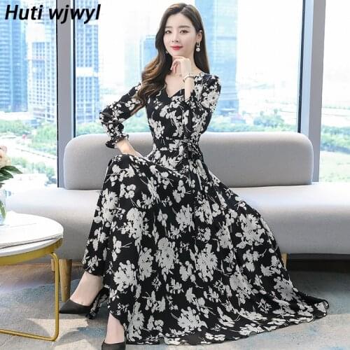 2021 Elegant Chiffon Boho Beach Dresses Women Bodycon Party Black Vestidos Spring Autumn 3XL Plus Size Vintage Runway Maxi Dress