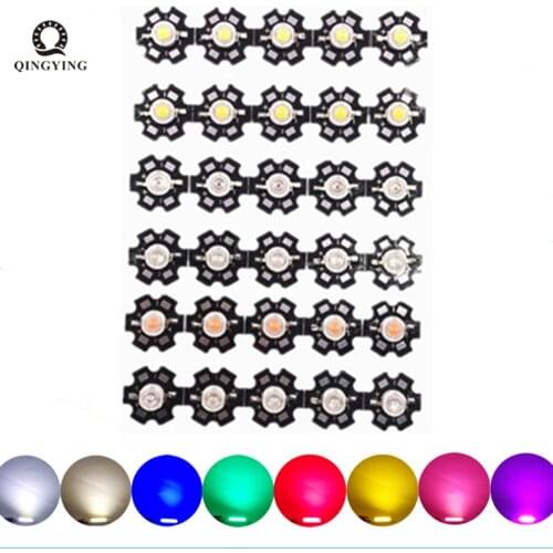 50pcs 1W 3W High Power LED Full Spectrum White Warm white Green Blue Deep Red 660nm Royal blue With 20mm White & Black Star PCB