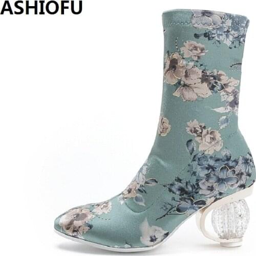 ASHIOFU Womens High Heel Boots Flower Stretch Leather Party Ankle Boots Countryside Large Size Fashion Dress Evening Short Boots