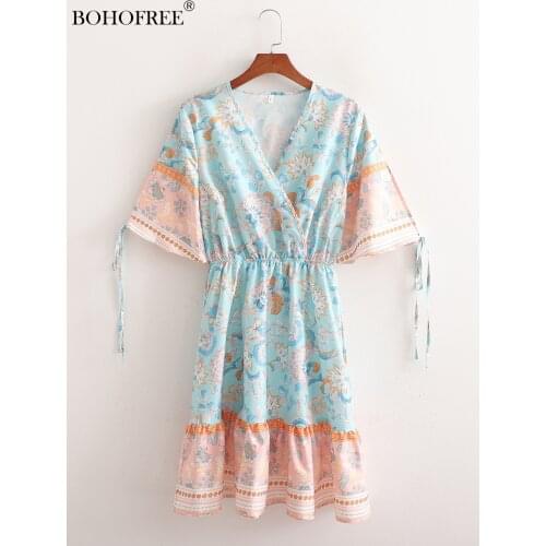 Bohofree Bohemian Vacation Casual Loose Cotton Lace-up Dress Woman Retro Elastic Waist and Fringed Short Dresses Vestido