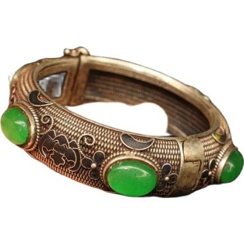 Tibet And Nepal Folk Old Tibetan Silver Inlaid With Greenstone Jade Bracelet