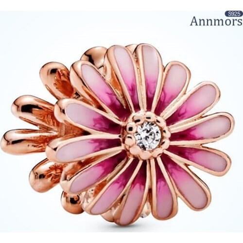 Pink Daisy Charm 925 Silver Bracelet Beaded Charm Suitable for Ladies Bracelets Necklaces Birthday Gifts