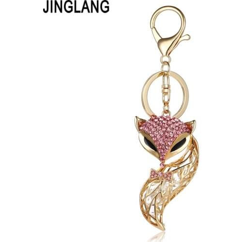 JINGLANG Gold Color Metal Keyring Dangle Crystal 3D Fox Animal Charms Keychains For Women Luxury Handbag Pendant Jewelry