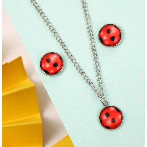 2Pcs/Set Fashion Ladybug Necklace Stud Earrings Set for Women Girl Insect Necklaces Earring Cute Jewelry Gifts Wholesale
