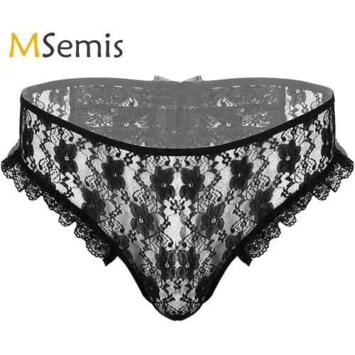Mens Sissy Crotchless Panties Sheer Floral Lace Lingerie Briefs Low Rise with Elastic Waistband G-String Underwear Underpants