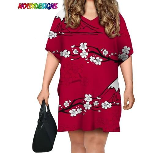 NOISYDESIGNS Cherry Blossom Printed Plus Size Dresses For Women Ladies Oversized Short Sleeve Mini Dress Summer Dress Shirts