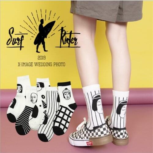 New Ins Womens Socks Street Style Cartoon Black and White Portrait Ladies Tube Socks Fashion Trendy Socks Soft and Comfortable