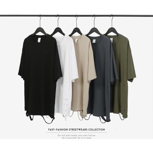 2020 Spring and Summer New High Street Style Hole Loose -Sleeved T-shirt Hip-hop Skateboard Street T-shirt Men T-shirt