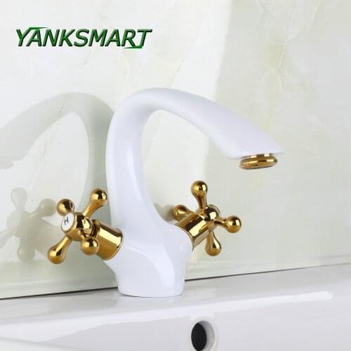 YANKSMART White Luxury Bathroom Basin Faucet Lavatory Torneira Painting Tap Mixer Body Faucet + 2 Golden Polished Handles