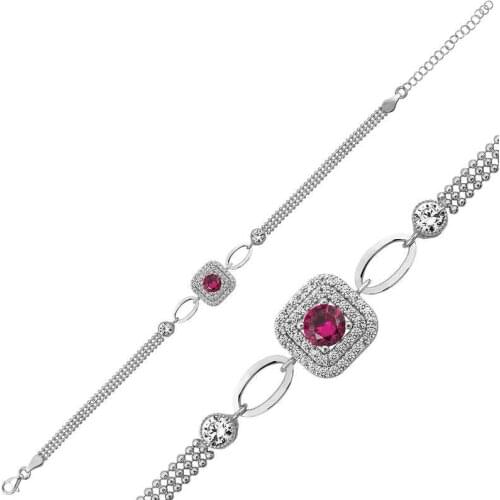 Tevuli 925 Sterling Silver Square Montür Pink Cubic Zirconia Bracelet