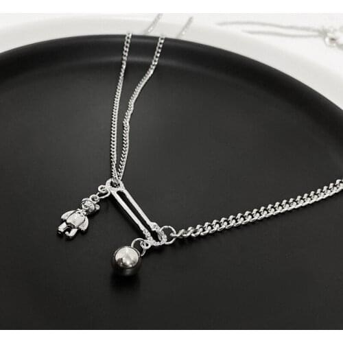 U-Magical Vintage Asymmetry Chain Paper Clip Bear Pendant Necklace for Women Double-Layer Round Bead Metal Necklace Jewelry