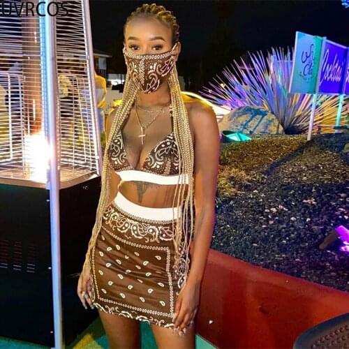 UVRCOS Indie Folk Style Two Piece Set Women Skirt Sexy Print Cleavage Sleeveless Corset Tops +Sheath Stretchy Female Outfit 2021