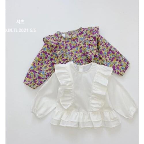 Spring Autumn girls blouse Baby shirt kids tops Children fashion clothes ins layered ruffle ruched floral white 1 to 6 yrs