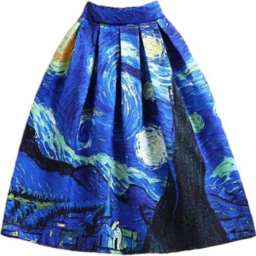 BunniesFairy 50s Vintage Van Gogh Starry Sky Oil Painting 3D Black Hole Print High Waist Skirt Rockabilly Tutu Retro Puff Skirt