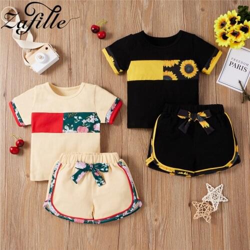 ZAFILLE Sunflower Kids Clothes Girls Floral Printed Childrens Suit 2pcs Summer Girl Clothes Set Bowknot Baby Girl Clothes Set