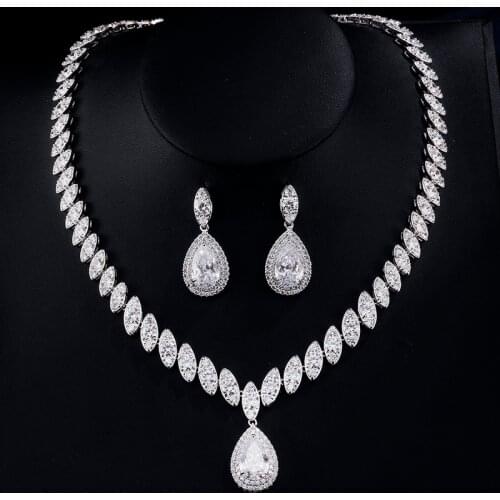 ZAKOL Brand Trendy Water Drop Cubic Zirconia Earrings Necklace Set for Women Luxury Crystal Bridal Wedding Jewelry Sets FSSP057