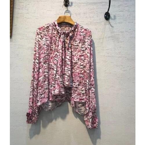 2021 Autumn Loose Lantern Sleeve Shirt Abstract print Bow collar Viscose women blouse