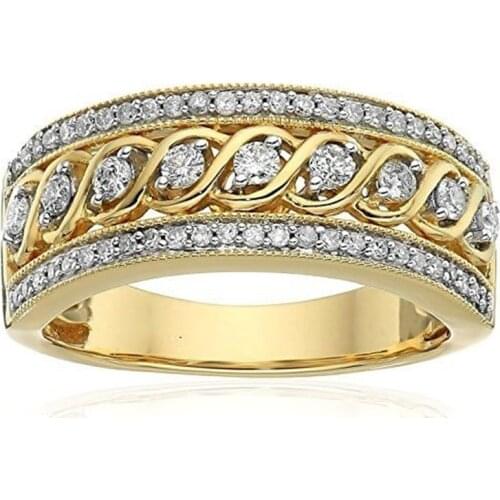 Womens Fashion Yellow Gold Two Tone Hollow Twisted Rope Chain Ring Round Cut White Zircon Anniversary Ring Gift Z4P113