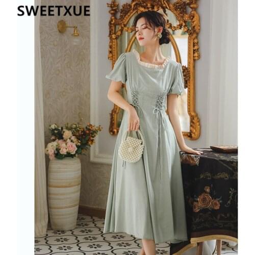 SWEETXUE Womens Summer 2021 Fashion Elegant Palace Puff Sleeve Chiffon French Retro Fairy Long Dress Female Vestido Mujer