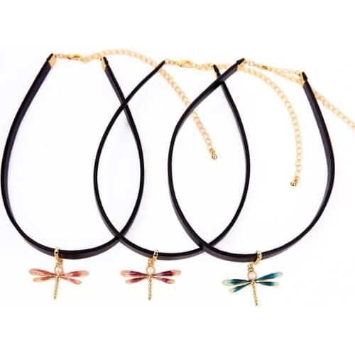 2019 New Vivid Enamel Dragonfly Acrylic Pearl Pendant Necklace Imitation Leather Chain Choker Necklace For Women Fashion Jewelry