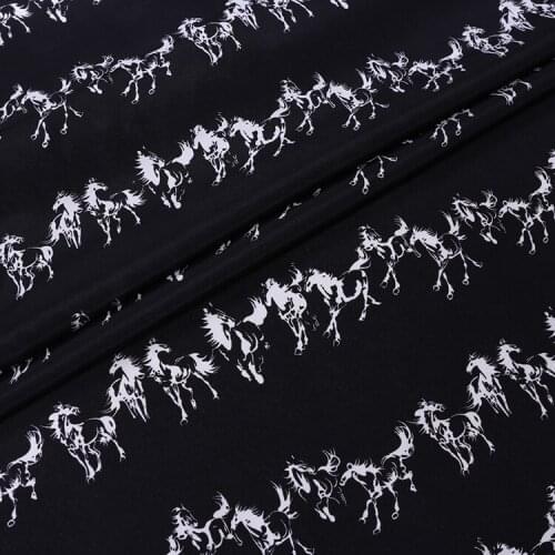 1 Meter Horse Printed Black Summer Printing Crepe De Chine Mulberry Silk Dress Fashion Chinese Style Fabric