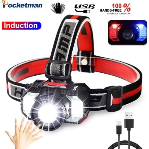 8000LM High Lumen LED Headlamp IR Sensor Headlight USB Rechargeable Head Front Light COB LED Head Torch with Built-in Battery