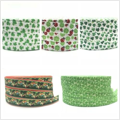 St Patricks Day 50Y Beetle Clover Print Fold Over Elastic Ribbon Spandex Satin Band Ties Hair Accessories Lace Trim Sewing