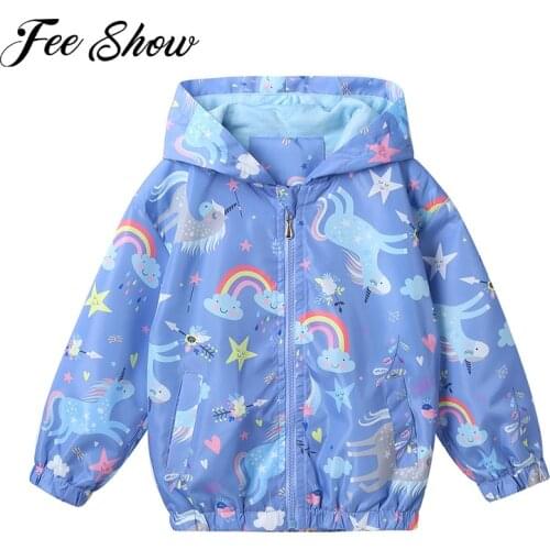 Kids Girls Stylish Hooded Coat Children Hiking Jackets Sportswear Long Sleeves Front Zipper Print Cartoon Windproof Hoodie Coats