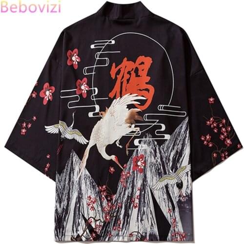 Japanese Kimonos Casual Coat Beach Yukata Women Men Loose Shirt Crane Print Traditional Kimono Cardigan Cosplay Asian Clothes