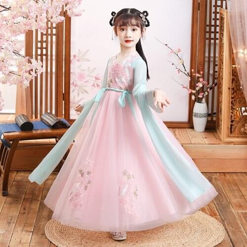 Chinese Traditional Folk Fairy Kids Dress Embroidery Tang Dynasty Hanfu Clothing Princess Folk Girls Dance Clothing