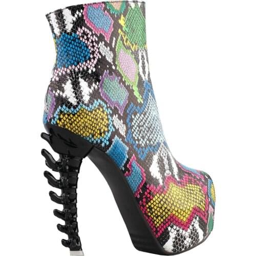 LF80706 SHOW STORY Cool Multicoloured Snake Skin Print Peeptoe High-top Bone Hidden Platform Ankle Boots