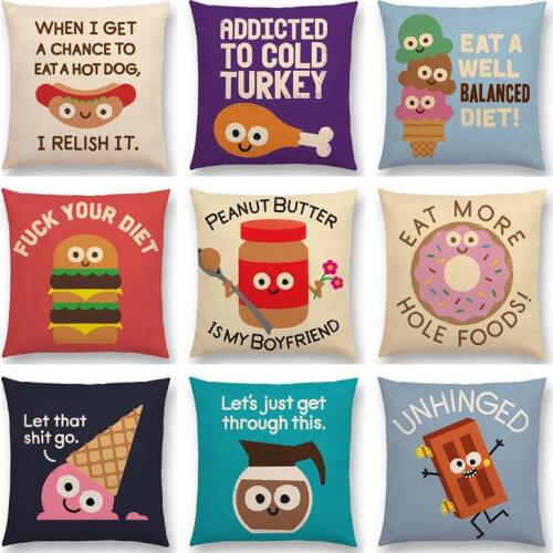 Cute Cartoon Food Hot Dog Hamburger Jam Donuts Ice Cream Happy Days Funny Words Decorative Letters Cushion Cover Pillow Case