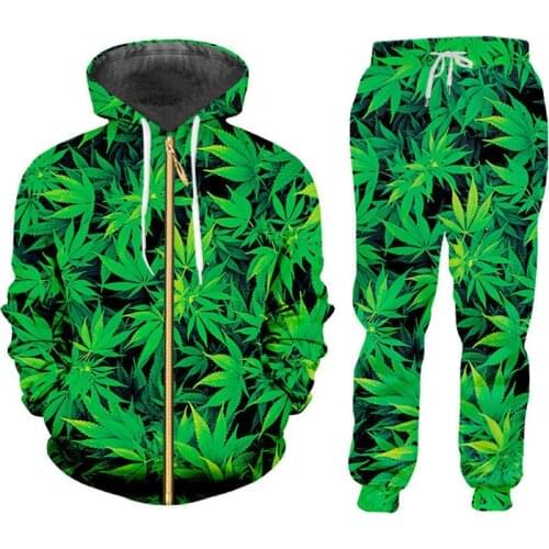 Big Size S-6XL Zip up Hoodies+Joggers Pants Men 2 Piece Sets Harajuku 3d Green Weed Leaf Print Unisex Casual Tracksuit Custom