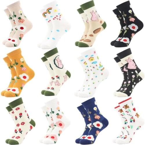 2021 New Funny Harajuku Women Casual Colorful Rabbit Flowers Little Bear Printing Japanese Style Skateboard Personality Sock