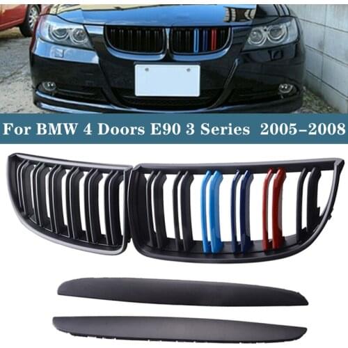 Pair Matte Black Color 2 Line Front Kidney Grille Grill Double Slat for BMW E90 E91 3 Series 2005-2008 Car Accessories