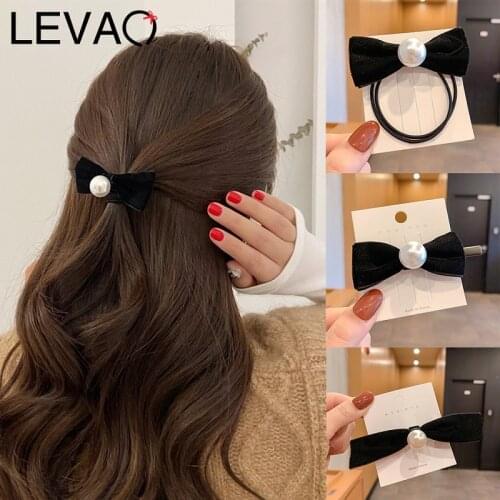 LEVAO Velvet Bow Scrunchies Girls Hairpin Imitation Pearl Elastic Rubber Hairband Hair Accessories Women Hair Rope Ponytail