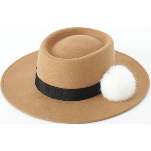 Simple womens fedora hat rabbit fur wide brim top hat autumn and winter solid color woolen jazz hat warm Panama hat