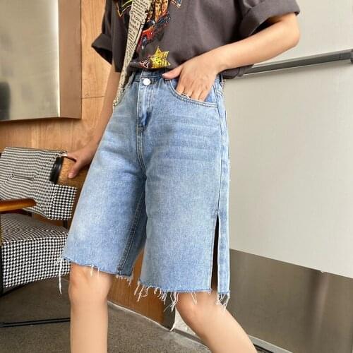 New Summer Retro Female High Waist Loose Tassel Ladies Jeans Shorts Women Streetwear Wide Leg Hole Blue Denim Shorts